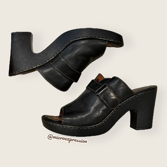 Born Black Real Leather Platform Mules Clogs Buckle Everyday Fashion Cute Heels - Picture 10 of 10